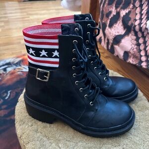 Cape Robbin Black Combat Boots with Red and White Stripes